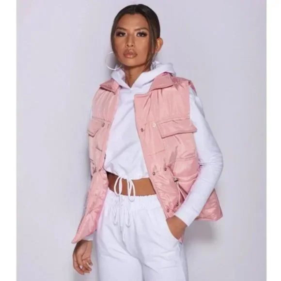 Pink Sleeveless Collared Double Breasted Padded Puffer Jacket Vest Gilet - Picture 6 of 16